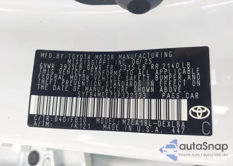 2025 Toyota Corolla Le from USA, damaged, VIN 5YFB4MDE7SP332133